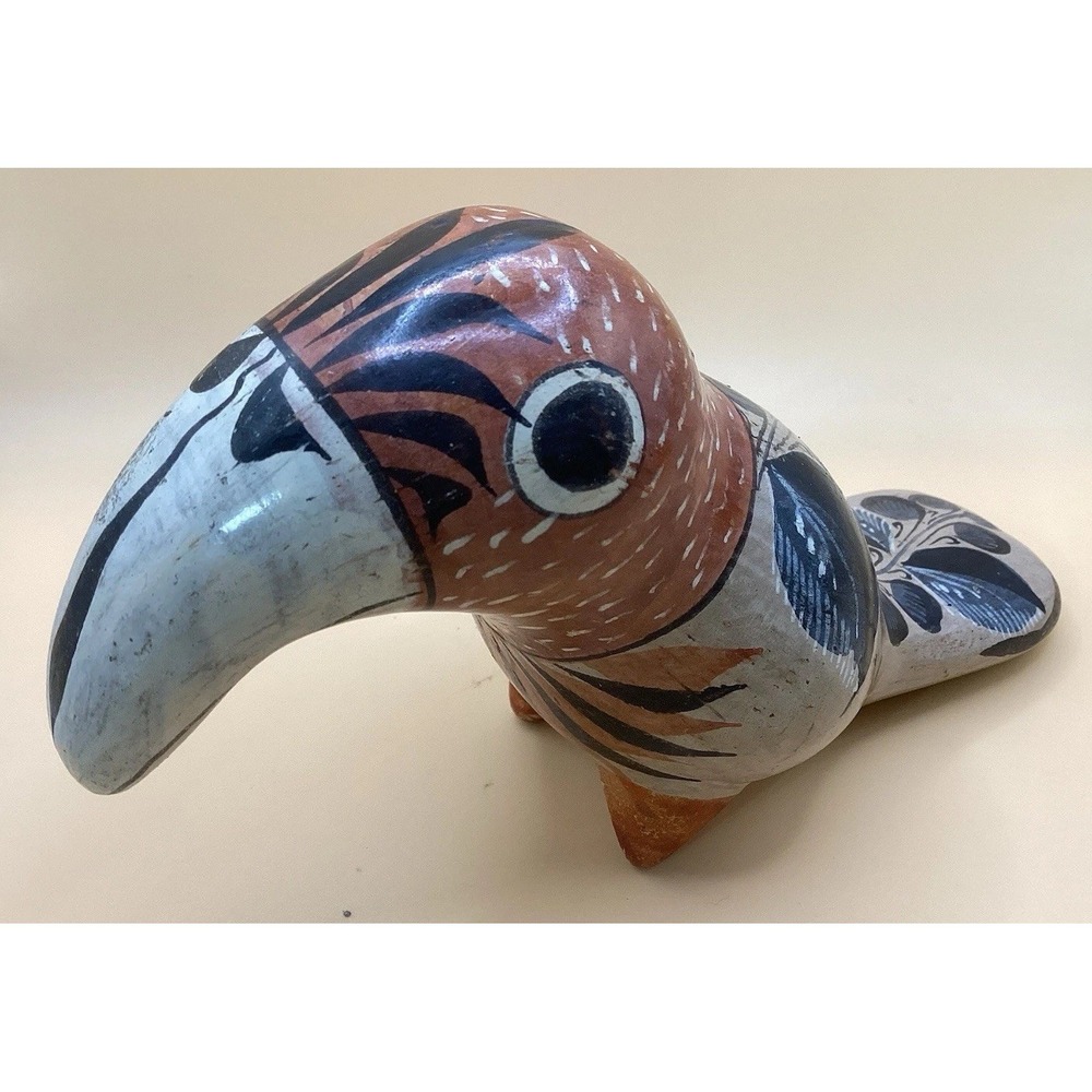 Vintage Mexican Tonala Folk Art Pottery - Hand Painted Toucan-Signed-4"‎ x 7"
